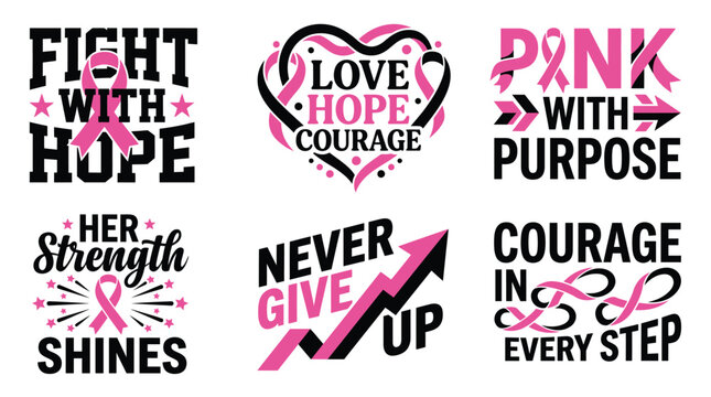 A collection of inspirational typography designs for a breast cancer awareness vector set featuring pink ribbons and motivational quotes for support