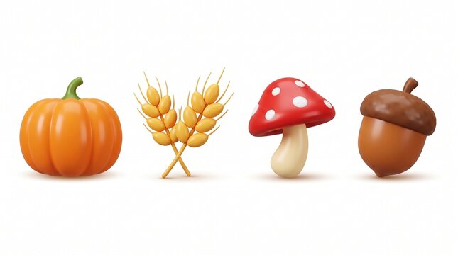 3d render of autumn elements including a pumpkin wheat stalks mushroom and acorn for seasonal fall harvest decoration