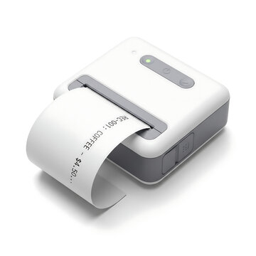 Portable label printer with white thermal paper roll ready for retail packaging and shipping labels