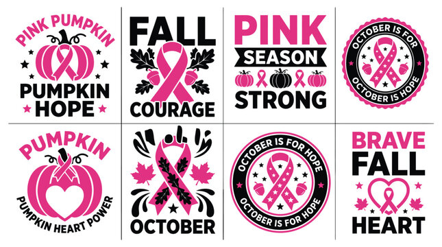 A collection of breast cancer awareness vector designs featuring pink ribbons pumpkins and inspirational quotes for october fall season apparel prints