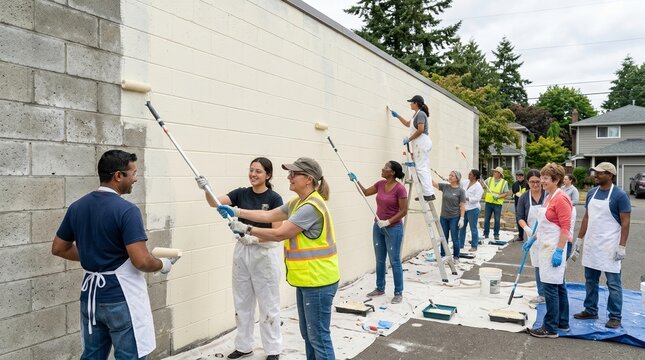 Diverse group of volunteers painting the exterior wall of a building together on a cloudy day
