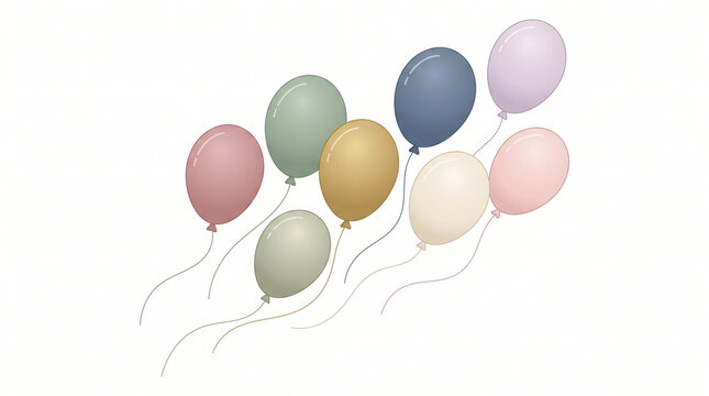 Seven colorful balloons floating upward in clean white studio space with copy space
