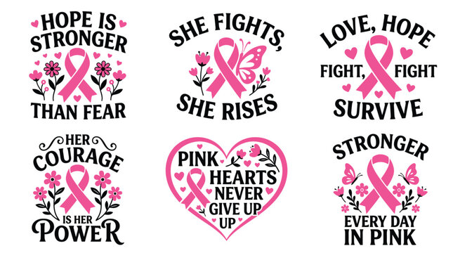 Set of inspirational breast cancer awareness vector designs featuring pink ribbons and motivational quotes for support and health advocacy projects