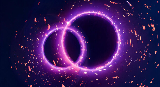 Abstract glowing purple cosmic energy rings with particles