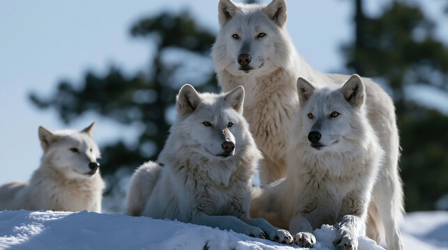 four wild gray wolves lying in snowy forest representing wildlife photography winter predator nature pack family and cold wilderness habitat