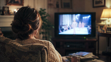 Fototapeta premium Woman watching a fashion show on television at home, showing entertainment, media viewing, runway fashion, lifestyle, broadcasting, and leisure