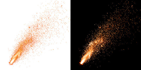 Orange spark fountain of fiery burst shooting sparks diagonally upward for design use in PNG, Transparent and Black Background Versions available © Guddoo
