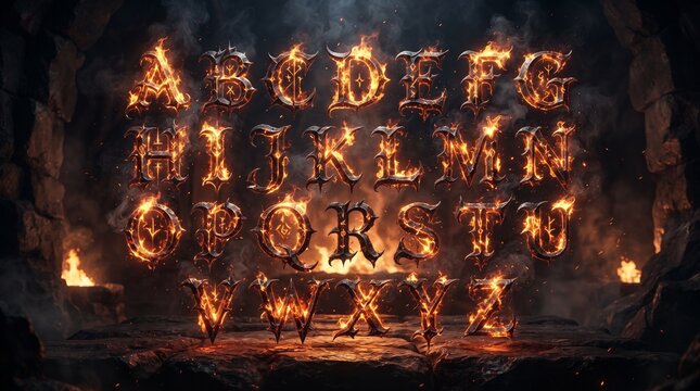 Fiery spiky gothic alphabet A-Z floating in four rows, burning metal letters with rune symbols, flames embers smoke inside dark cave with stone platform