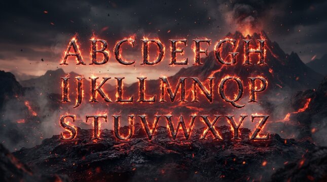 Fiery volcanic alphabet A-Z in three rows, molten lava stone letters burning with flames, erupting volcano background, smoke ash, dark rocky terrain cinematic