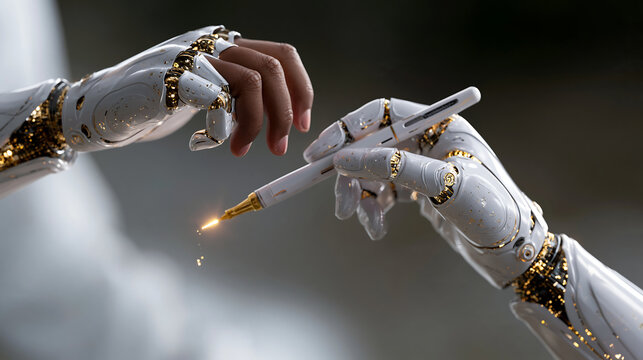 close up of robot arm and human hand painting with brush representing ai creativity artificial intelligence art and futuristic technology collaboration