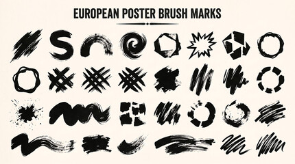 Fototapeta premium Versatile Collection of Monochrome European Brush Strokes and Grunge Texture Marks for Creative Design Projects