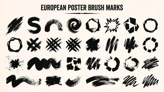 Versatile Collection of Monochrome European Brush Strokes and Grunge Texture Marks for Creative Design Projects