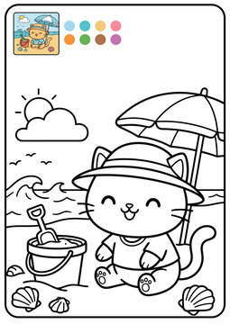 Cute rainy day cat with umbrella and puddles, children&rsquo;s coloring page with color preview and palette circles.