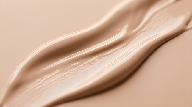 A thick, wavy smear of beige liquid foundation makeup on a smooth light tan background, macro shot