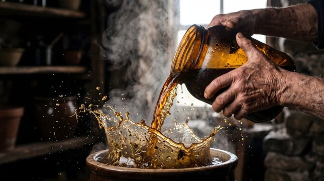 Caucasian Senior Artisan Pouring Steaming Herbal Decoction in Rustic Workshop Setting, Traditional Wellness Niche.