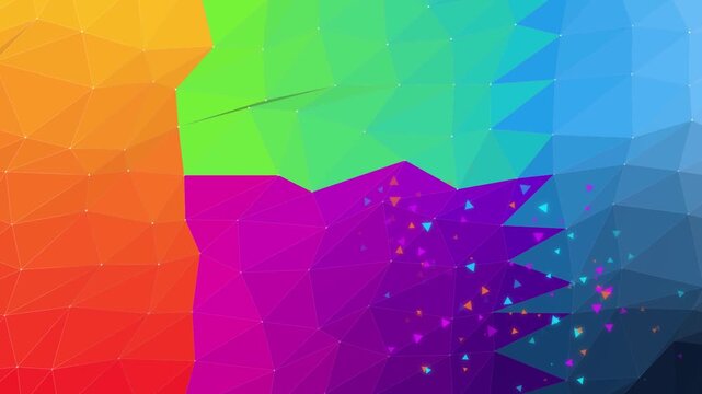 Vibrant low poly geometric background, with floating particles, motion abstract polygon