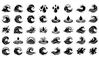 Obraz premium 36 Ocean Wave Water Drop Grunge Stencil Vector Icons