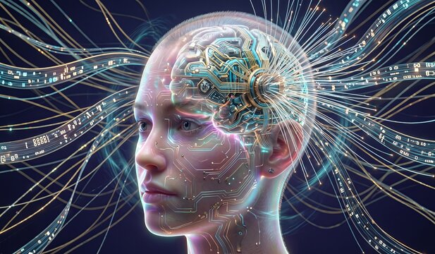 Digital illustration of human head with glowing brain circuit and data streams.