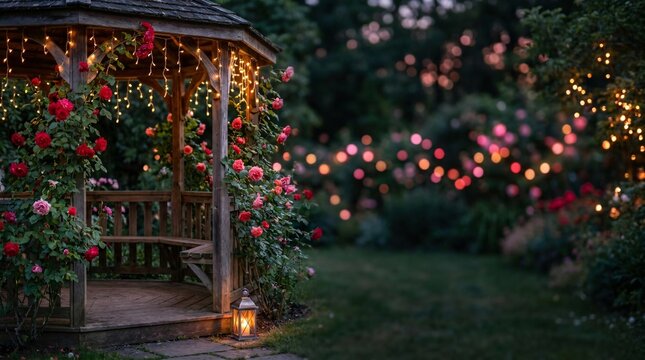 Romantic garden gazebo adorned with red roses and fairy lights at dusk perfect for weddings and outdoor evening events. with copy space or border frame for valentine's day celebration commercial