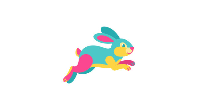 Colorful rabbit vector illustration depicts a running bunny isolated on a plain white background.