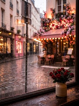 Rainy parisian street scene view through window with red roses vase and bokeh cafe lights creating romantic atmosphere. with copy space or border frame for celebration commercial