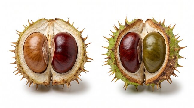 Two open horse chestnut fruits with shiny brown seeds inside their prickly green shells