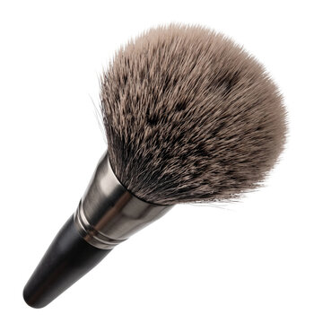 A fluffy makeup brush with a dark handle and metal ferrule, ready to apply powder or blush for a flawless finish.
