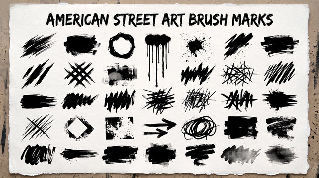 Set of black ink grunge brush strokes paint drips splatter and textured street graffiti marks on paper