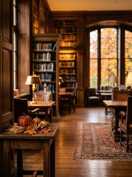Miniature pumpkins with dried foliage leaves on rustic wooden table inside vintage library room with warm autumnal light. with copy space or border frame for celebration commercial