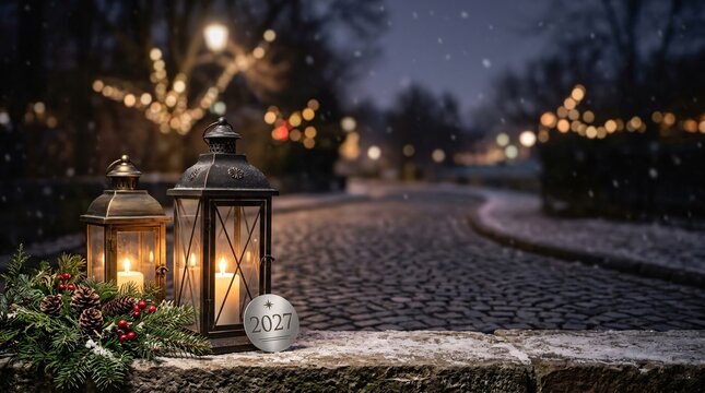 Two illuminated lanterns on snow covered stone ledge at night with blurry street lights and winter holiday atmosphere. with copy space or border frame for celebration commercial