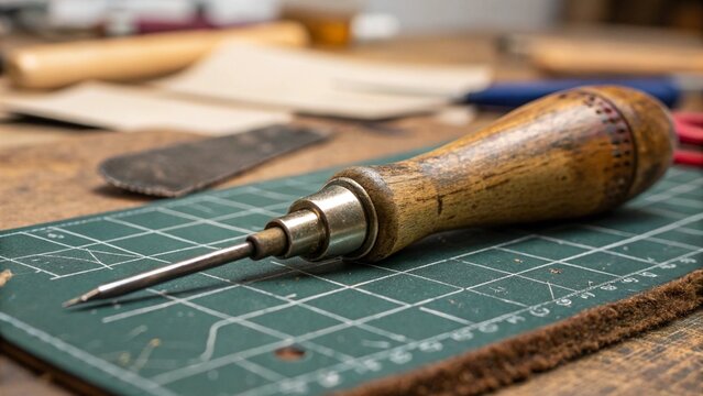 Leathercraft awl on cutting mat