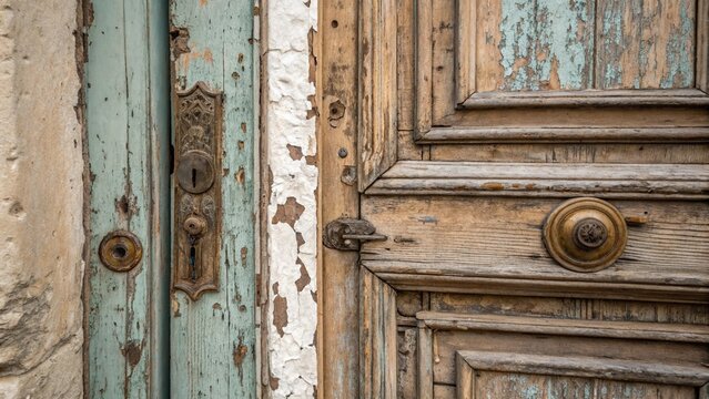 Old weathered wooden door with vintage brass lock