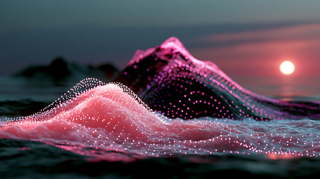 futuristic digital mesh terrain resembling mountain peaks with glowing particle dots representing technology network data and abstract landscape concept