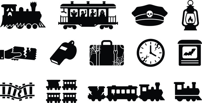 Set of spooky Halloween ghost train icons and railway travel elements in black silhouette style for holiday graphic design projects