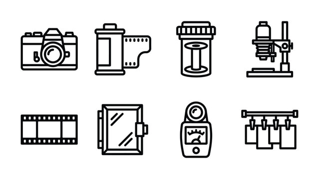 Photography Equipment Icons: A collection of minimalist line art icons representing vintage photography tools, including a camera, film roll, developing tank, enlarger, film strip, developing trays.