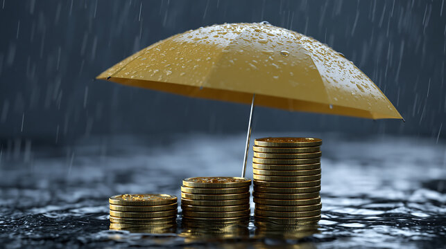 financial protection concept showing umbrella shielding growing coin stacks from rain symbolizing savings insurance security and money management strategy
