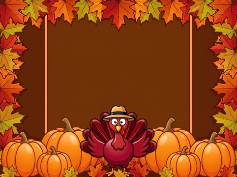 Cartoon turkey wearing a hat standing with orange pumpkins and colorful autumn maple leaves frame for thanksgiving holiday celebration