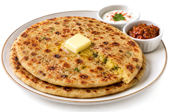 Aloo paratha with butter  stuffed Indian flatbread  isolated on white background 