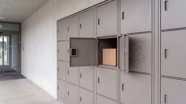 Open smart parcel locker with cardboard box inside and electronic keypad in modern building lobby with package delivery confirmed overlay