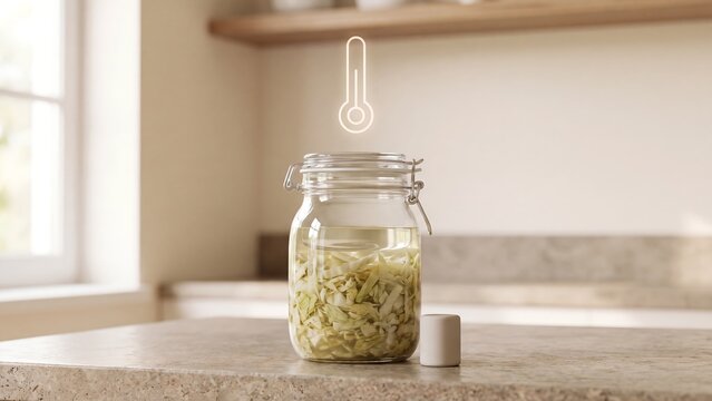 Glass clip-top jar of fermenting sauerkraut with brine on stone kitchen counter beside small weight and digital thermometer icon overlay