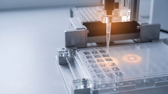 Automated liquid handling robot dispensing single droplet into transparent microwell plate in precision laboratory with warm backlight and target overlay