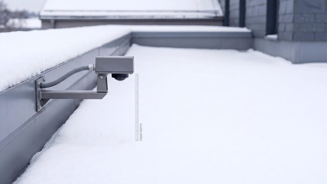 Outdoor surveillance camera mounted on building wall bracket over snow covered flat roof with digital snow depth measurement scale overlay in winter