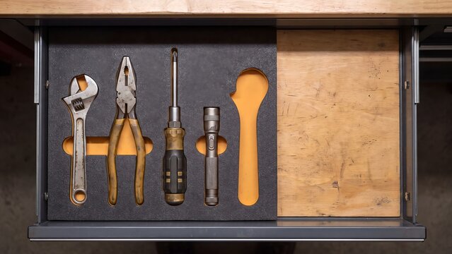 Open workshop drawer with foam shadow board tool organiser holding wrench, pliers, screwdriver, and flashlight with one empty orange-lined cutout slot