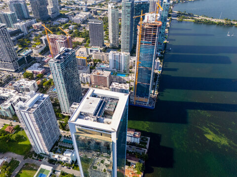 Aerial photo of Edgewater Miami home to numerous modern skyscrapers currently under construction in 2026