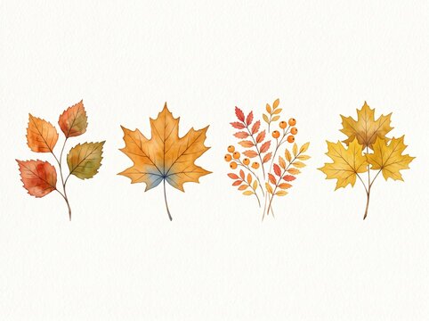 Set of colorful autumn leaves and branches with gold orange and red foliage for fall season design elements