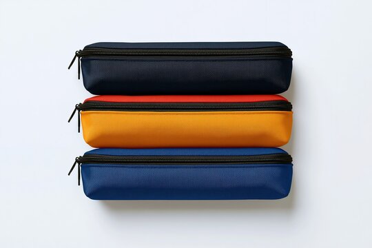 Stacked Pencil Cases in Navy, Orange, and Blue