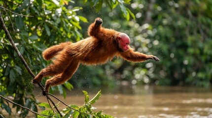 Red-faced monkey jumping through the air in a tropical forest © SyedIstaqbal