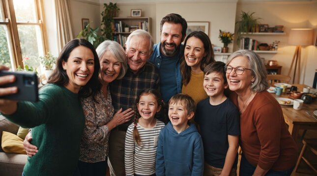 Generations Selfie: A happy multi-generational family captures a moment of joy and togetherness by taking a selfie in their cozy living room.