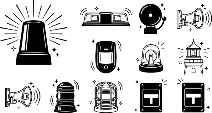Emergency Warning Siren and Security Alert System Icon Set with Flashing Beacon Light Symbols