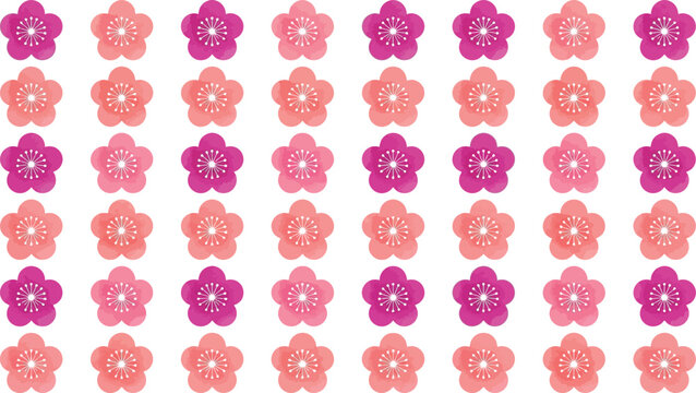 Set of colorful pink and orange plum blossom flower icons arranged in a repeating pattern